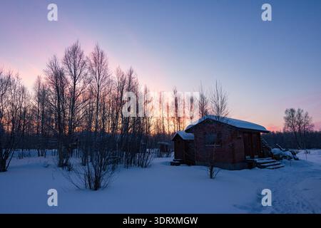 Coucher de soleil sur le lac Inari gelé avec des arbres couverts de neige en Laponie, Finlande près d'Ivalo Banque D'Images