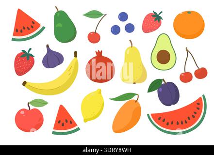 Ensemble de divers fruits et tranches de fruits dans un style de dessin animé simple. Illustration vectorielle dessinée à la main. Illustration de Vecteur