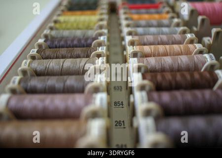 Bobines de fil colorées soigneusement arrangées sur un organisateur en bois. Concentrez-vous sur l'organisation à domicile, la salle d'artisanat bien rangée, l'efficacité de l'espace de travail et le stockage esthétique Banque D'Images