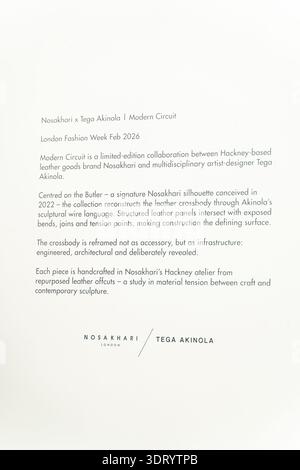 Londres, Royaume-Uni. 19 février 2026. Londres, Nosakhari présente la collection de sacs Modern circuit, une réinterprétation du classique Butler en collaboration avec Tega Akinola Credit : Independent photo Agency/Alamy Live News Banque D'Images