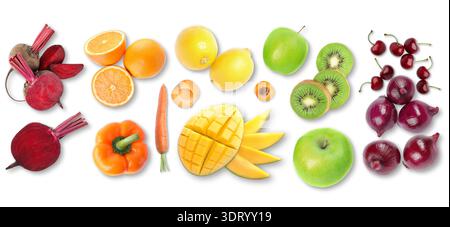 Fruits et légumes frais sur fond blanc, vue du dessus Banque D'Images