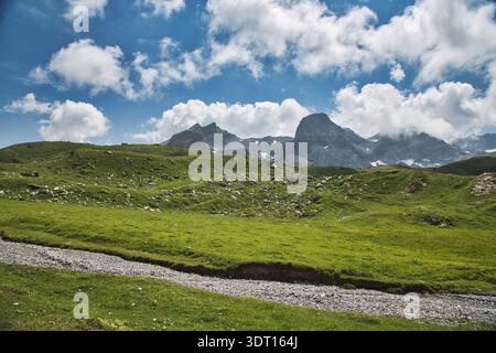 Vue panoramique sur Derborence, Suisse avec collines verdoyantes et montagnes. Banque D'Images