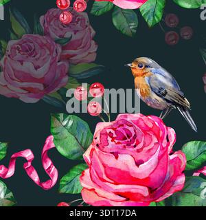Motif aquarelle sans couture avec pivoines roses, charmants oiseaux chanteurs, baies rouges et rubans de soie. Un design de papier peint botanique vibrant et romantique Banque D'Images