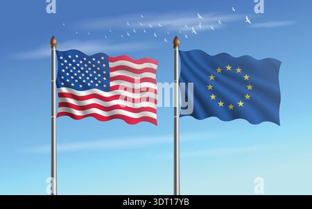 États-Unis et Union européenne drapeaux de table relation avec le ciel backgrund Illustration de Vecteur