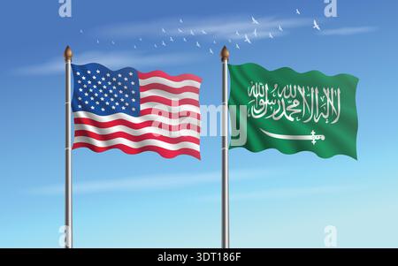 États-Unis et Arabie Saoudite table drapeaux relation avec le ciel backgrund Illustration de Vecteur