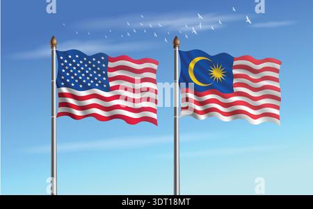États-Unis et Malaisie drapeaux de table relation avec le ciel backgrund Illustration de Vecteur