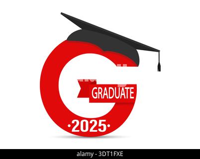 Lettre stylisée G avec l'inscription Graduate 2025 et la casquette graduée. Simple stock design isolé sur un fond blanc pour la conception et la décoration Illustration de Vecteur