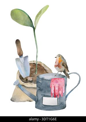 Aquarelle Sapling dans un sac avec arrosoir, gants et truelle, isolé Banque D'Images