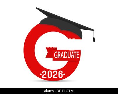 Lettre stylisée G avec l'inscription Graduate 2026 et la casquette graduée. Simple stock design isolé sur un fond blanc pour la conception et la décoration Illustration de Vecteur