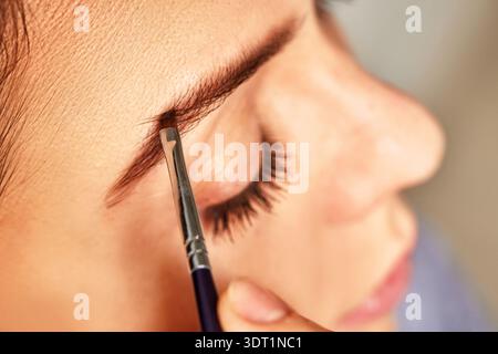 Femme appliquant un produit cosmétique à son sourcil avec une petite brosse pour le traitement de beauté Banque D'Images