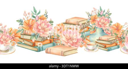 Bordure sans couture vintage avec des fleurs, pile de livres. Vie morte florale de printemps d'été confortable avec pivoine, freesia, feuilles, littérature ancienne. Aquarelle Banque D'Images