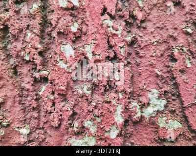 Gros plan détaillé d'un mur extérieur rouge endommagé à Budapest montrant de la peinture fissurée et des couches de plâtre rugueux adaptés aux arrière-plans abstraits Banque D'Images