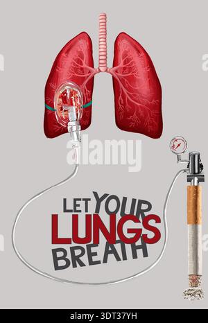 Le 9 février, Journée mondiale pour cesser de fumer : la fumée de cigarette est injectée dans un poumon cancéreux via un réservoir d’oxygène. Illustration vectorielle. Illustration de Vecteur