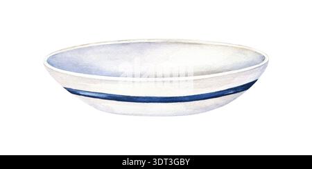 Plaque blanche aquarelle avec rebord bleu pour illustration de nourriture sur fond isolé. Croquis de bol vide en porcelaine ou en céramique. Vaisselle ronde pour le menu Banque D'Images