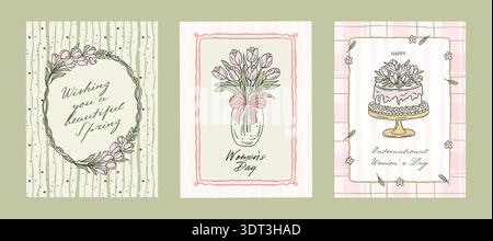 Main Coquette Womens Day 8th March Vector Poster Set avec tulipe Flower bouquet vase Cake carte de message de voeux pour femme mère petite amie cadeau Illustration de Vecteur
