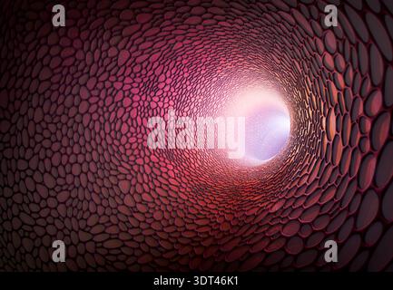 Rendu 3D de la structure abstraite de tunnel de nanocarbone avec surface futuriste rouge Banque D'Images