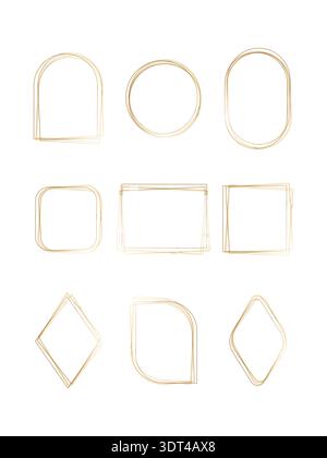 Collection de neuf cadres d'aquarelle dorée dessinés à la main avec diverses formes, y compris des cercles, des ovales, des carrés, des rectangles et des diamants, présenté sur un fond blanc propre pour un usage décoratif. Illustration de Vecteur