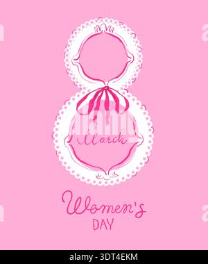 Illustration de célébration de la Journée de la femme avec un design rose avec des éléments floraux et un texte décoratif Illustration de Vecteur