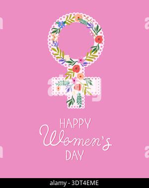 Symbole féminin floral avec texte célébrant la Journée internationale de la femme sur fond rose Illustration de Vecteur