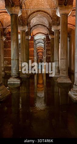 Colonnes en marbre symétriques et voûtes en briques reflétées dans l'eau de la citerne basilicale byzantine à Istanbul, en Turquie. Banque D'Images