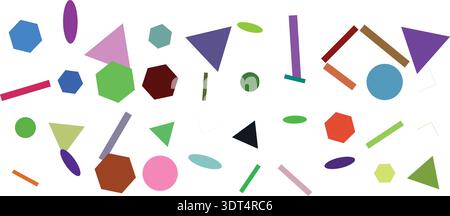 Des formes géométriques vibrantes comprenant des cercles, des triangles, des hexagones et des lignes dispersées sur un fond blanc propre. Illustration de Vecteur