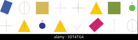 Diverses formes géométriques abstraites colorées comme des carrés, des cercles, des triangles et des croix disposés sur un fond blanc propre. Illustration de Vecteur