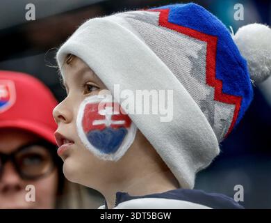 Milan, Italie. 20 février 2026. Un fan de Team Slovakia attend le début de la demi-finale de hockey masculin des Jeux Olympiques de 2026 entre la Slovaquie et les États-Unis au Milano Santagiulia Ice Hockey Arena à Milan, en Italie, le vendredi 20 février 2026. Photo de Aaron Josefczyk/UPI crédit : UPI/Alamy Live News Banque D'Images