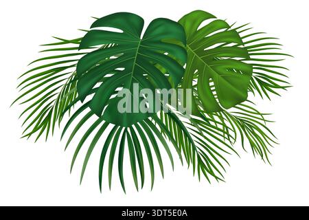 Feuillage tropical réaliste avec des feuilles de monstera et des frondes de noix de coco. La verdure exotique vibrante de la jungle crée une atmosphère paradisiaque pour les vacances d'été desi Illustration de Vecteur