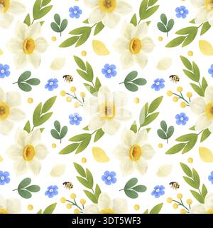 Modèle sans couture avec des fleurs de printemps : jonquille, Forget-me-not, brindilles, feuilles, coccinelle. Aquarelle, pastel. jaune, bleu, vert. Dans un style plat. Banque D'Images