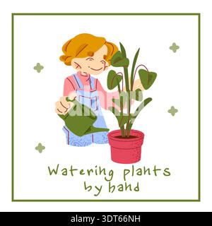 Illustration plate de la personne arrosant la plante d'intérieur avec arrosoir. Concept de jardinage représentant le soin des plantes, la croissance et le mode de vie écologique. Illustration de Vecteur