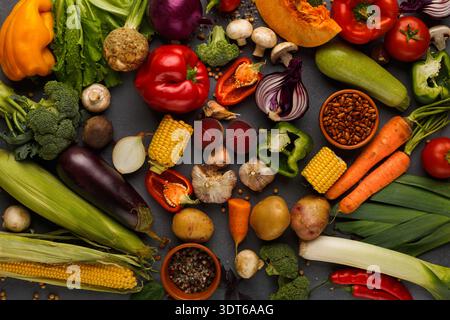 Collection colorée de légumes frais disposés en mosaïque sur fond gris Banque D'Images