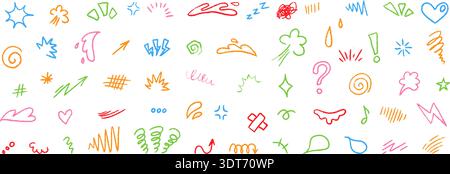 Ensemble d'effet d'émotion anime doodle avec des lignes d'esquisse, des flèches, des marques expressives et des symboles. Parfait pour les panneaux manga, l'émotion de dessin animé, le mouvement, l'accent Illustration de Vecteur