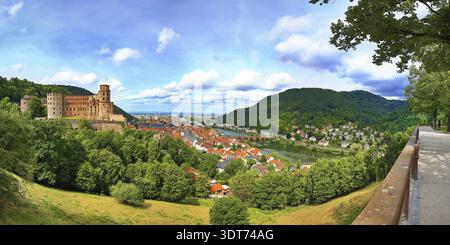 Vue panoramique de Heidelberg avec château et Neckar entouré de collines verdoyantes sous ciel bleu, Heidelberg, Bade-Wuerttemberg, Allemagne Banque D'Images
