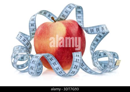 Pomme saine rouge enveloppée par un ruban à mesurer bleu Banque D'Images