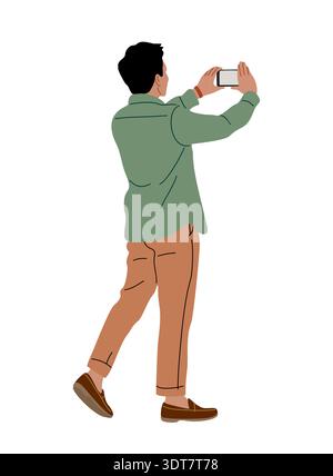 Homme vu de derrière tenant un smartphone Illustration de Vecteur