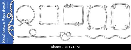 Bordure de corde et collection de cadres. Lignes de corde tordues avec noeuds décoratifs, forme de coeur et boucles. Eléments vectoriels nautiques Illustration de Vecteur