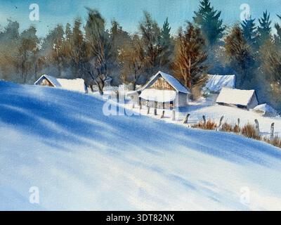 Hiver enneigé dans le fond d'aquarelle de village Banque D'Images