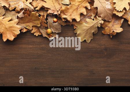 Collection de feuilles sèches disposées sur la surface en bois en automne Banque D'Images