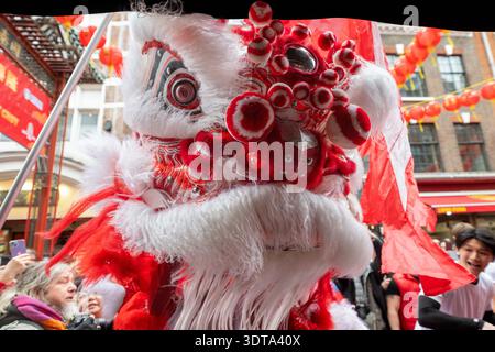 Londres, Angleterre, Royaume-Uni. 21 février 2026. Les artistes prennent part à une danse traditionnelle du lion dans Chinatown de Londres pendant les célébrations du nouvel an lunaire, où le lion mange de la laitue symbolique et des enveloppes rouges dans le rituel connu sous le nom de cai qing, représentant la collecte et la propagation de la chance, de la prospérité et des bénédictions pour l'année à venir. La performance séculaire est censée éloigner les mauvais esprits et apporter la bonne fortune aux entreprises, aux spectateurs et à la communauté au sens large. (Crédit image : © Thomas Krych/ZUMA Press Wire) USAGE ÉDITORIAL SEULEMENT ! Non destiné à UN USAGE commercial ! Banque D'Images