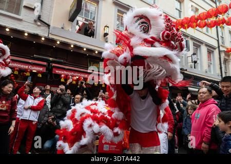 Londres, Angleterre, Royaume-Uni. 21 février 2026. Les artistes prennent part à une danse traditionnelle du lion dans Chinatown de Londres pendant les célébrations du nouvel an lunaire, où le lion mange de la laitue symbolique et des enveloppes rouges dans le rituel connu sous le nom de cai qing, représentant la collecte et la propagation de la chance, de la prospérité et des bénédictions pour l'année à venir. La performance séculaire est censée éloigner les mauvais esprits et apporter la bonne fortune aux entreprises, aux spectateurs et à la communauté au sens large. (Crédit image : © Thomas Krych/ZUMA Press Wire) USAGE ÉDITORIAL SEULEMENT ! Non destiné à UN USAGE commercial ! Banque D'Images