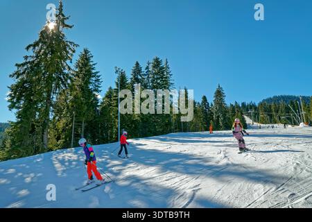 Skieurs appréciant la piste de ski Martinovi Baraki 1 à Borovets station dans les montagnes Rila près de Samokov Bulgarie. Banque D'Images