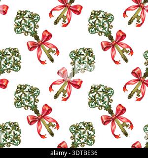 Élégant motif aquarelle sans couture avec des touches vintage ornées de noeuds en soie rouge vif. Un design romantique et mystérieux peint à la main Banque D'Images
