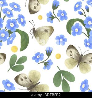Motif de printemps sans couture avec fleurs oubliées, brindilles, papillons. Aquarelle, pastel. Dans un style plat. Pour l'impression, les impressions, les textiles, le papier peint Banque D'Images