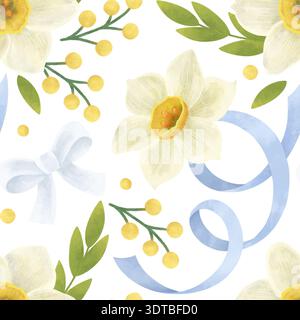 Motif sans couture. Fleurs de jonquille, brindilles vertes et jaunes, feuilles, noeuds bleus, rubans. Dans un style plat. Aquarelle, pastel. Élément de conception pour produit Banque D'Images