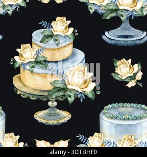 Motif aquarelle de luxe sans couture avec des gâteaux de mariage à plusieurs niveaux et des desserts floraux sur un fond sombre. Compositions festives peintes à la main Banque D'Images