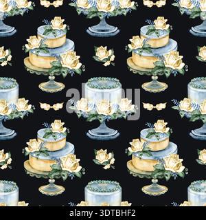 Élégant motif aquarelle sans couture avec des gâteaux de mariage gastronomiques à plusieurs niveaux et des desserts floraux. Compositions festives peintes à la main avec des roses ivoire Banque D'Images