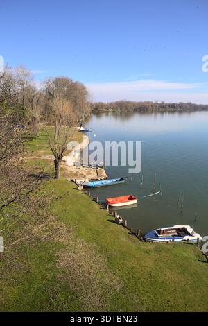 Lakeshore par une journée ensoleillée, avec des bateaux amarrés, et une forêt s'étend à l'horizon thje, vu d'en haut Banque D'Images