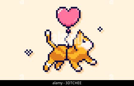 Chat Pixel art volant sur un ballon en forme de coeur. Illustration de Vecteur
