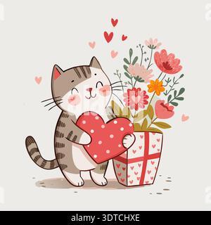 Illustration de dessin animé d'un chat mignon tenant un cœur rouge et debout à côté d'un pot de fleurs rempli de fleurs, entouré de petits coeurs. Illustration de Vecteur