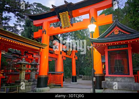 Kyoto, Japon - janvier 2026 : entrée au sanctuaire fushimi Inari à l'aube, avec passage sous la porte Torii et éclairage lanterne Banque D'Images